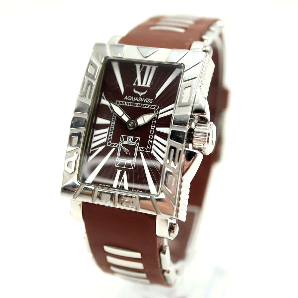 Aquaswiss Anchor Mens 30mm Swiss Made Tank Watch Brown Silicone w New Battery